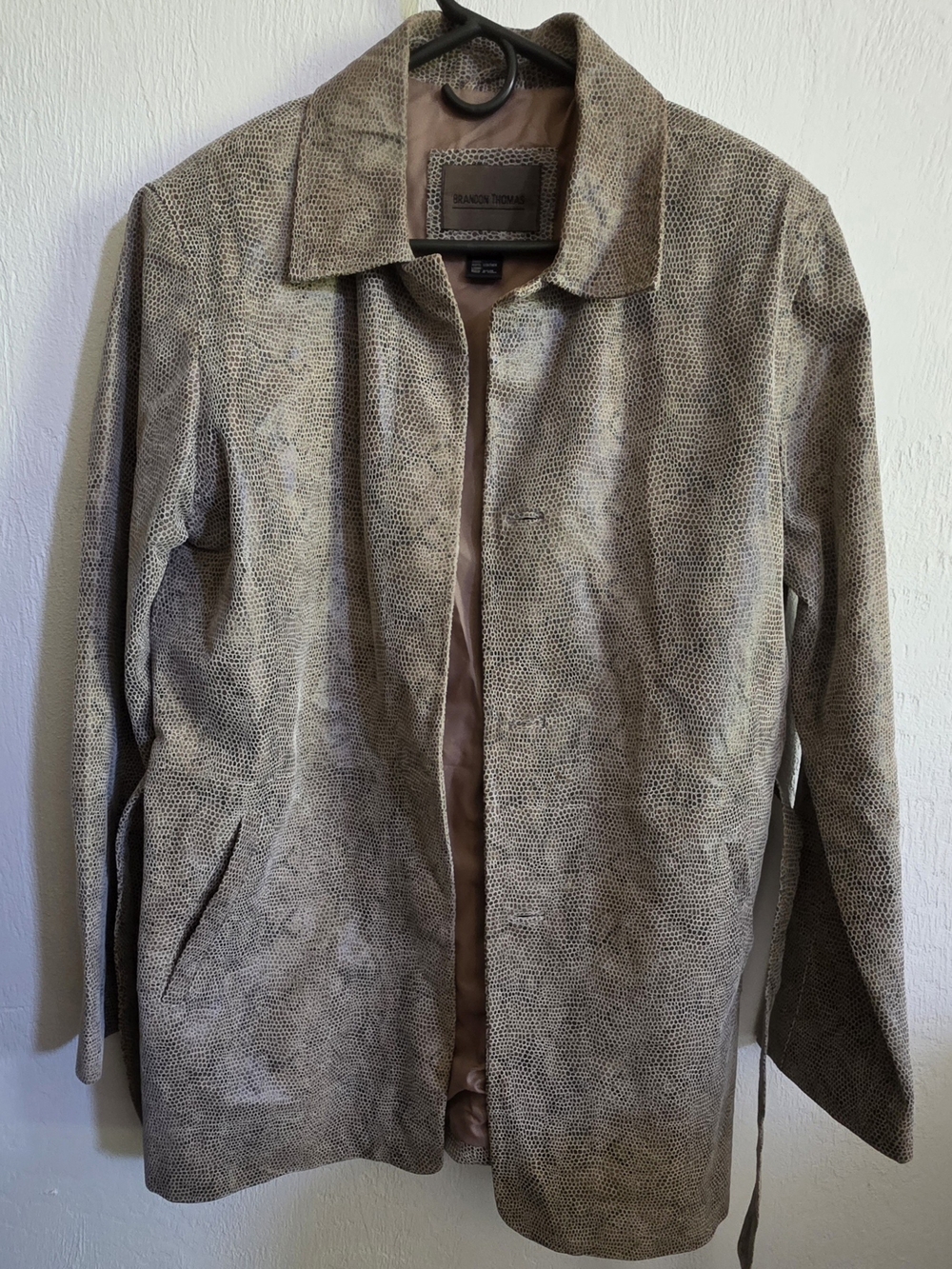Brandon Thomas Genuine Leather Snakeskin Print Belted Jacket Coat Size L